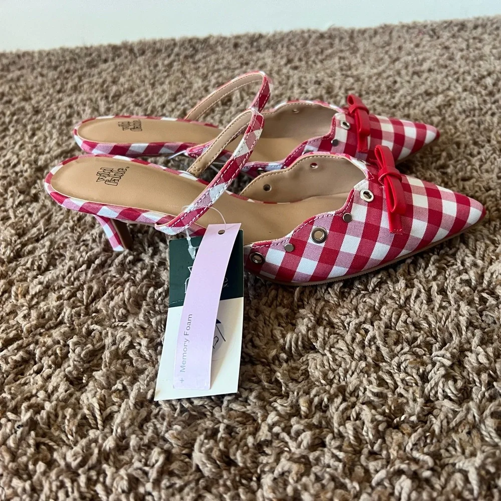 Red and White Gingham Bow Slingback Kitten Heel - Picture 6 of 8